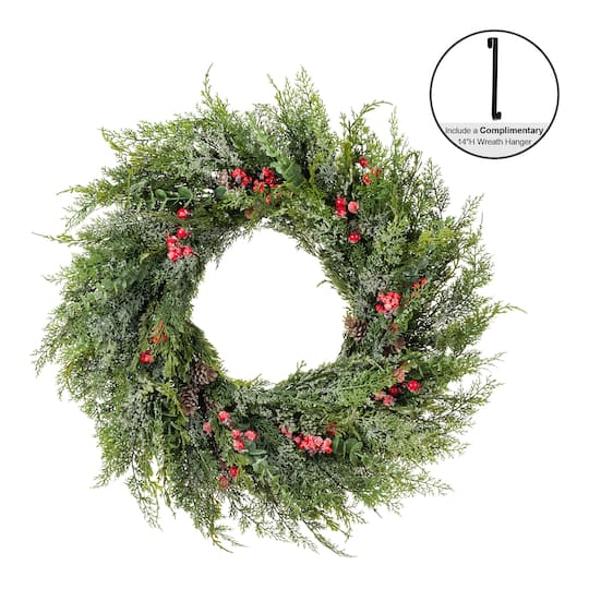 Glitzhome® 28" Christmas Greenery Frosted PE Wreath with Pinecones & Red Berries